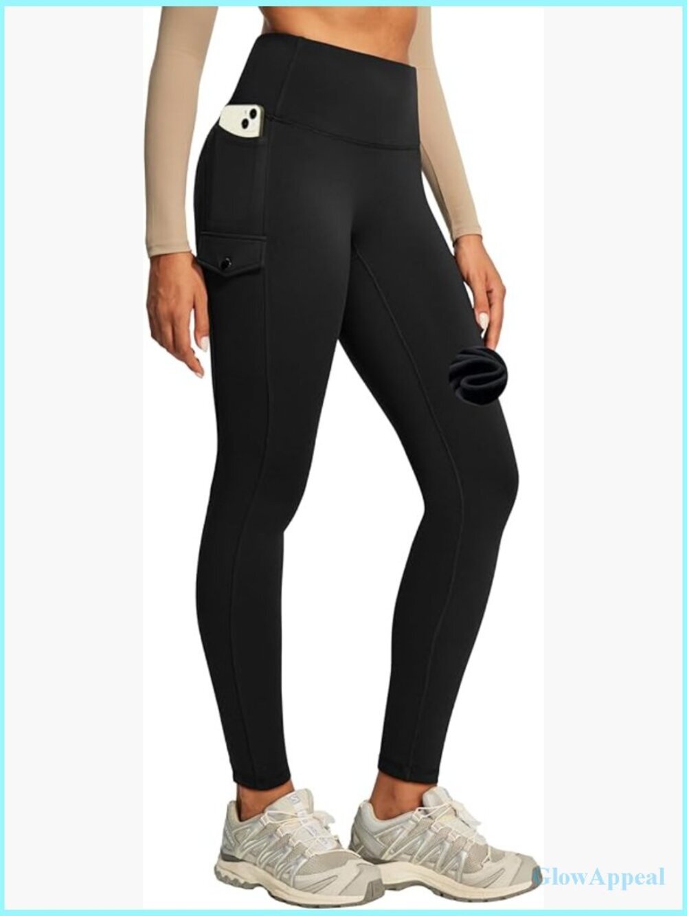 Cargo Fleece Lined Leggings Water Resistant Thermal Hiking Pants with Pockets